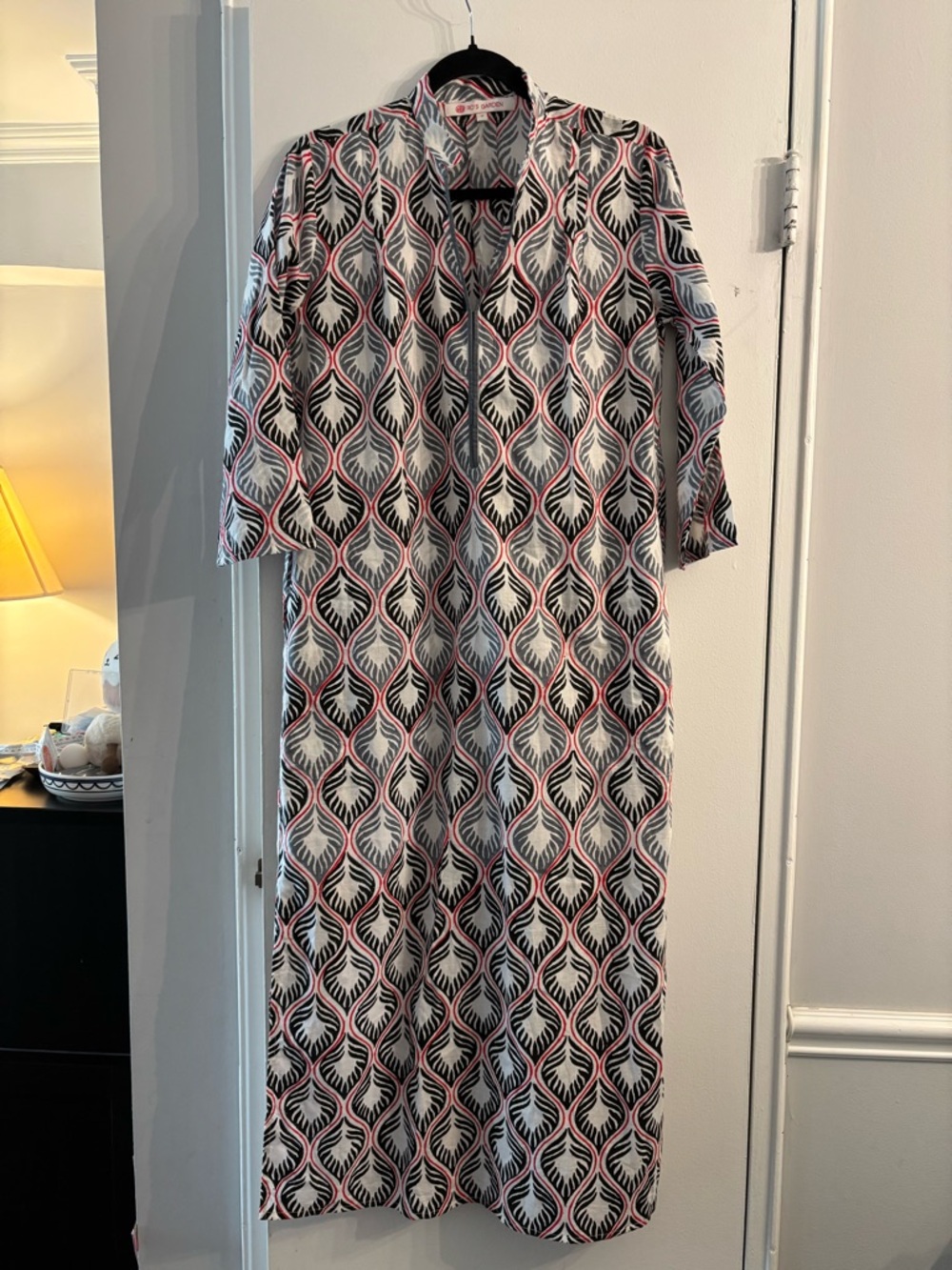 Ro’s garden long-sleeved tunic-maxi dress geometric, leaf-like pattern S Boho